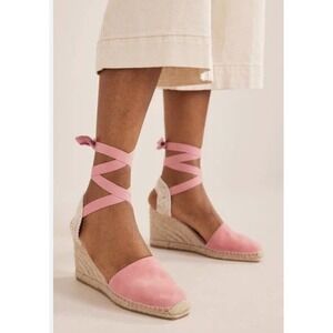 Boden Espadrilles Shoes Suede Jute Wedge Pink Size 9 US 40 EU Tie Up Bar…​​​